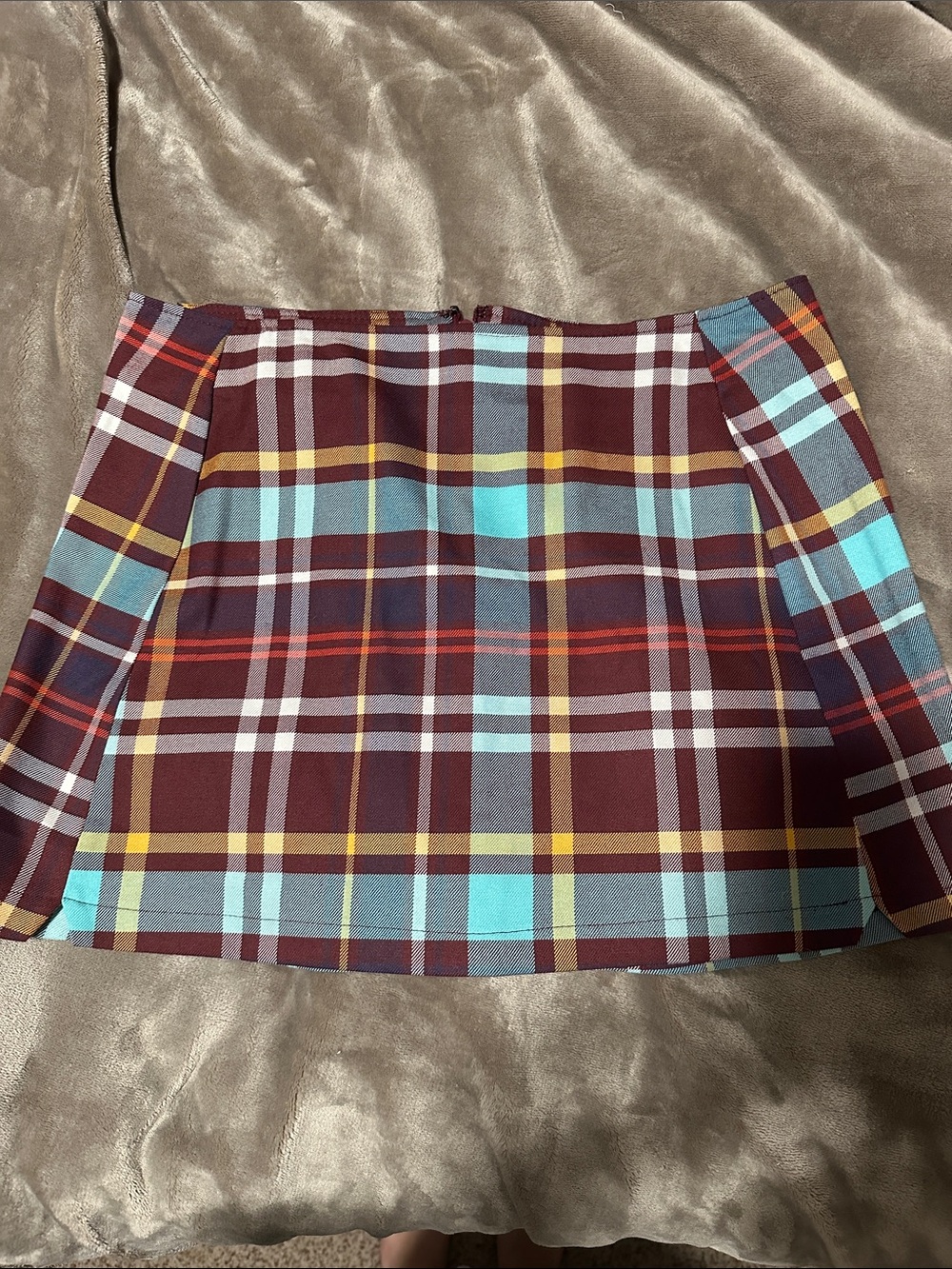Urban Outfitters Burgundy Plaid Mini Skirt with Aqua and Yellow Accents